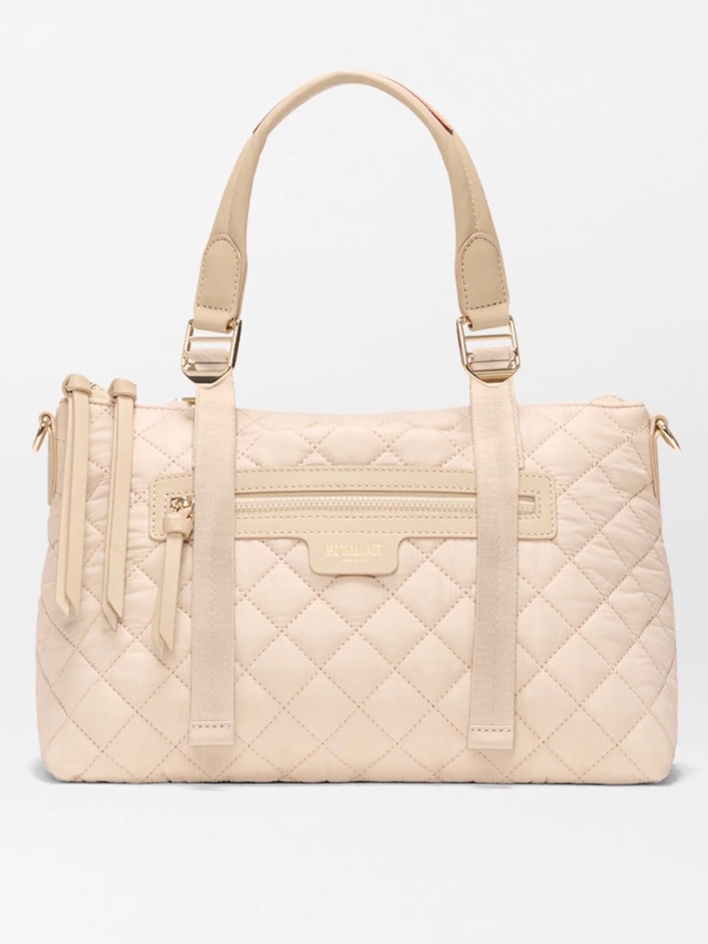 MZ Wallace Buff Small Park Satchel in Sand color quilted adjustable handles
